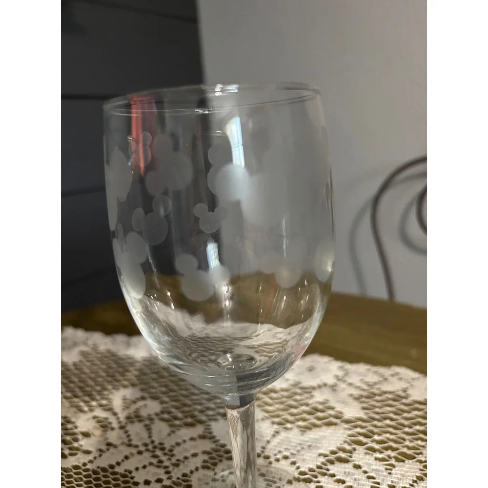 Disney Mickey Mouse Etched Wine Glass Set of 2 Clear Frosted Stemmed Glassware